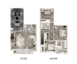 A floor plan of a two-story home with a garage on the first floor and a living area on the second floor.