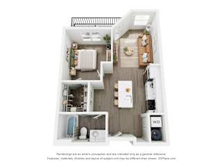 A 3D floor plan of a 1 BR B with a kitchen, living room, and bathroom.