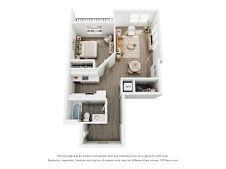 A 3D floor plan of 1 BR G with a kitchen, living room, bedroom, and bathroom.