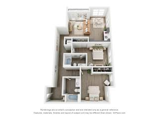 A 3D floor plan of 2 BR B with a kitchen, living room, 2 bedrooms, and 2 bathrooms.