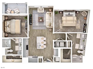 A floor plan of a house with a living room, kitchen, and bedrooms.
