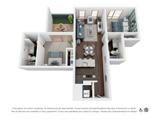 A 3D floor plan of an apartment showing a kitchen, living room, and two bedrooms.