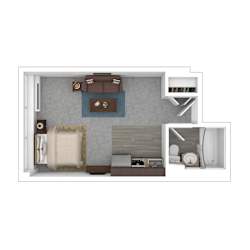 A top-down view of a small apartment with a bed, a couch, a desk, and a chair.