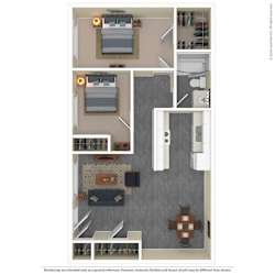 A floor plan of a house with a kitchen, living room, and two bedrooms.