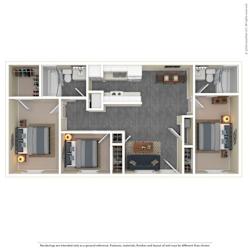 A floor plan of a house with a kitchen, living room, and two bedrooms.