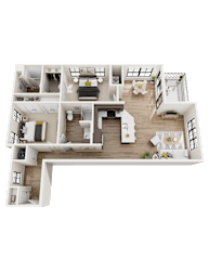 A 3D floor plan of a house with multiple rooms and furniture.