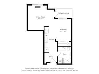 A floor plan of a home with a living room, bedroom, kitchen, bathroom, and entry.