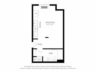 A floor plan of a small apartment with a living area, kitchen, entry, and bath.