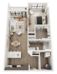 A top-down view of a small apartment with a kitchen, living room, and bedroom.