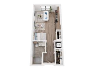A top down view of a small apartment with a kitchen, living room, and bathroom.