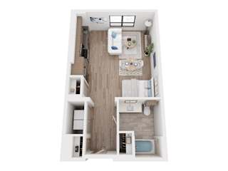 A top-down view of a small apartment with a kitchen, living room, and bathroom.