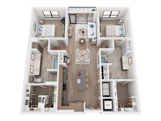 A top-down view of a well-organized apartment with a central living area and multiple rooms.