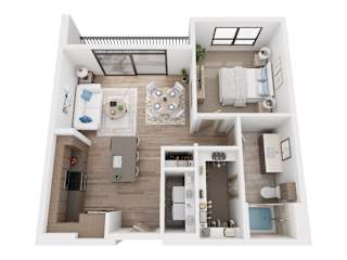A top-down view of a small apartment with a kitchen, living room, and bathroom.