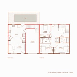 A floor plan of a house with a garage, living room, kitchen, and two bedrooms.