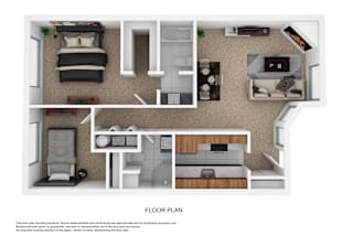 A floor plan of a small apartment with a kitchen, living room, and bathroom.