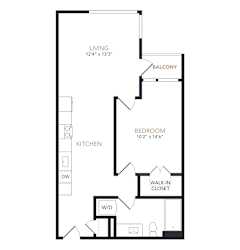 A black and white image of a floor plan for a one bedroom apartment.