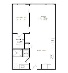 A black and white image of a floor plan for a small apartment.