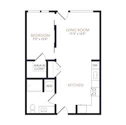 A black and white image of a floor plan for a living room, bedroom, and kitchen.