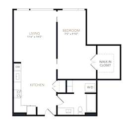 A black and white image of a floor plan for a home with a living room, bedroom, and kitchen.