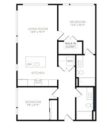 A black and white image of a floor plan for a home with a living room, kitchen, and two bedrooms.