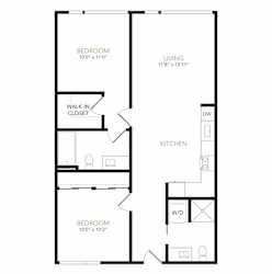A black and white image of a floor plan for a two bedroom apartment.