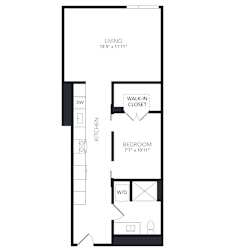 A black and white drawing of a living room, kitchen, and bedroom layout.