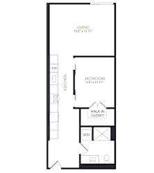 A floor plan of a one bedroom apartment with a kitchen and living room.