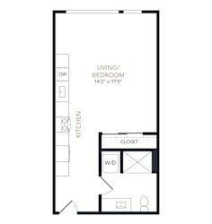A floor plan of a small apartment with a living/bedroom area and a kitchen.