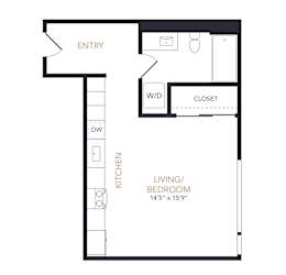A floor plan of a small apartment with a living/bedroom area, kitchen, and closet.