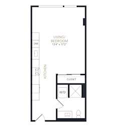 A floor plan of a small apartment with a living room, kitchen, and closet.