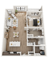 A 3D Floor Plan of The South with a living room, kitchen, and bedroom.