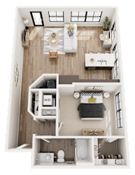 A 3D floor plan of The Station with a kitchen, living room, and bathroom.