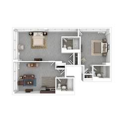 A 3D floor plan of a small apartment with a kitchen, living room, and bedroom.