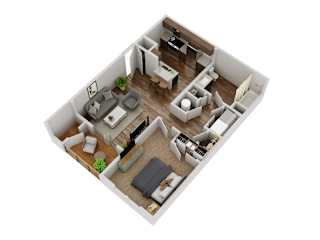 A 3D floor plan of a small apartment with a kitchen, living room, and bedroom.