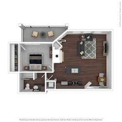 A 3D floor plan of a house with a kitchen, living room, and dining area.