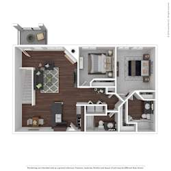 A 3D rendered image of a house layout.