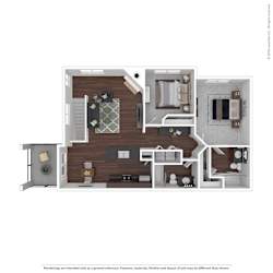 A floor plan of a house with a kitchen, living room, and two bedrooms.