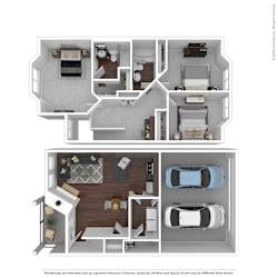 A floor plan of a house with two bedrooms, two bathrooms, a living room, a kitchen, and a garage.