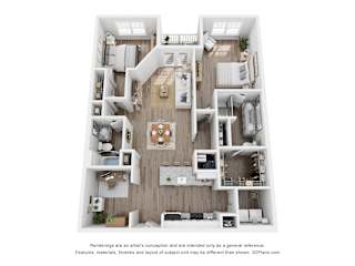 A 3D floor plan of a house with a kitchen, living room, and bedrooms.