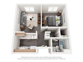 A 3D floor plan of a small apartment with a kitchen, living room, and bathroom.