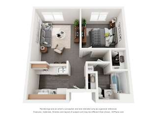 A 3D floor plan of a small apartment with a living room, kitchen, and bedroom.