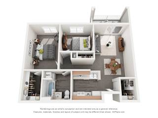A 3D floor plan of a house with a kitchen, living room, and bathroom.