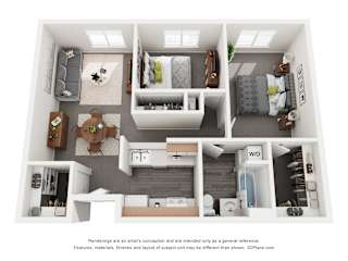 A 3D floor plan of a small apartment with a kitchen, living room, and bedrooms.