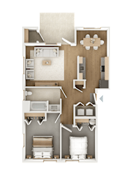 A detailed 3D floor plan of a small apartment.