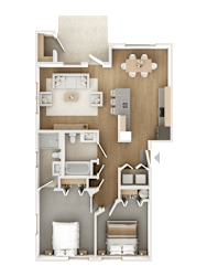 A detailed 3D floor plan of a house layout.