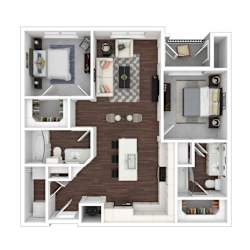 A floor plan of a small apartment with a kitchen, living room, and two bedrooms.