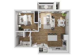 A 3D floor plan of a small apartment layout.