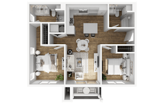 A top-down view of a house layout with multiple rooms and furniture.