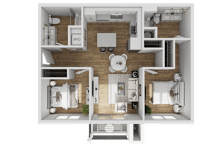 A top-down view of a small apartment layout with a kitchen, living room, and bathroom.
