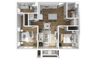 A detailed 3D floor plan of a small apartment layout.